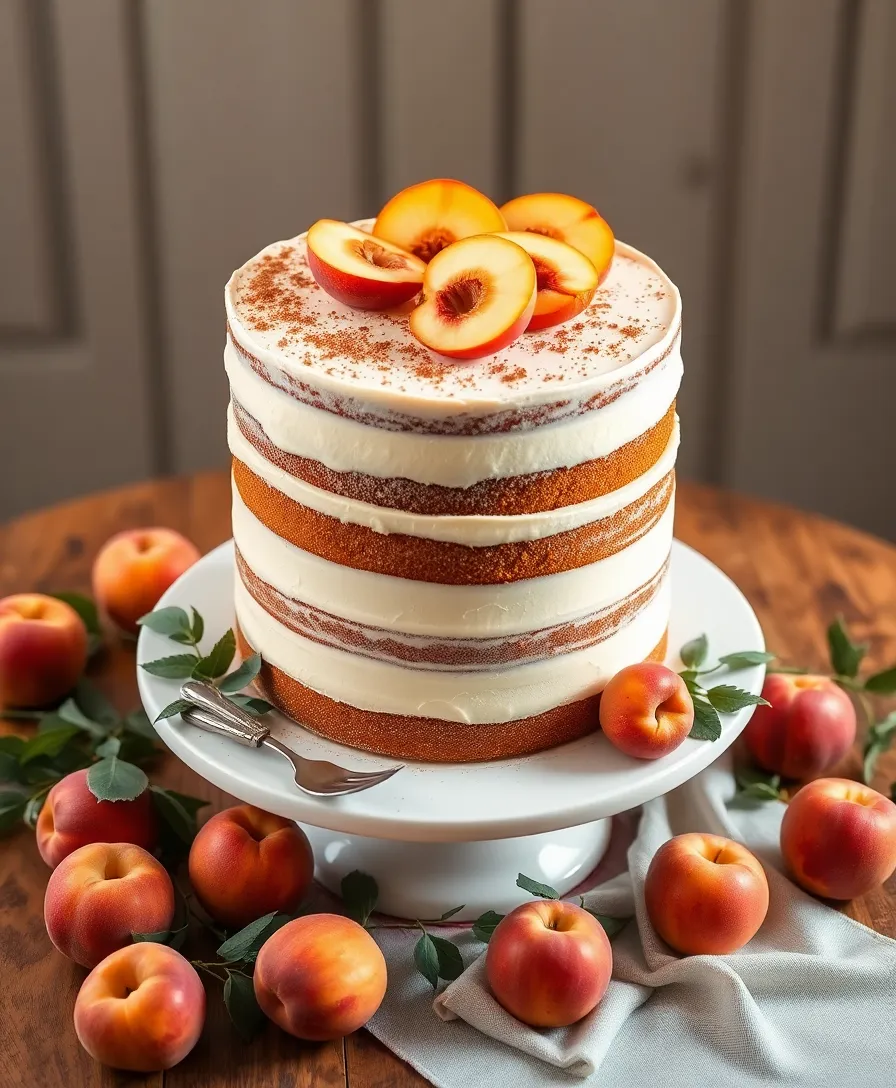 18 Vintage-Inspired Naked Wedding Cakes That Are Pure Magic (Check Out #10!) - 13. Rustic Peach Cake with Cream Cheese Frosting