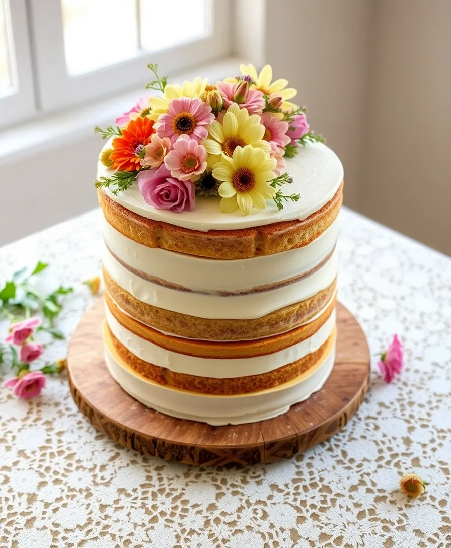 18 Vintage-Inspired Naked Wedding Cakes That Are Pure Magic (Check Out #10!) - 9. Honey Almond Cake with Edible Flowers