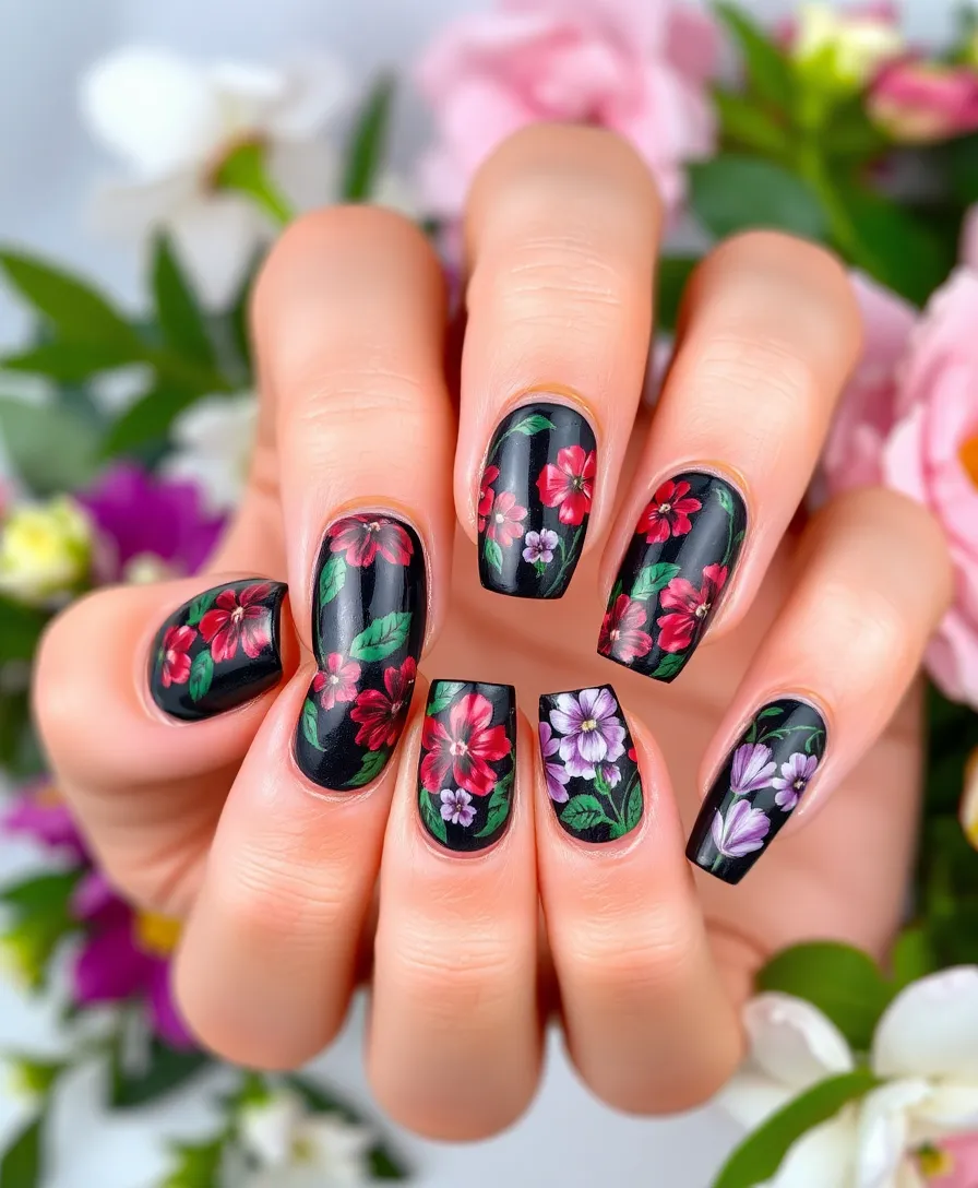19 Unique Dark Nail Art Ideas That Will Inspire Your Next Look (#3 Is a Showstopper!) - 3. Dark Floral Fantasy